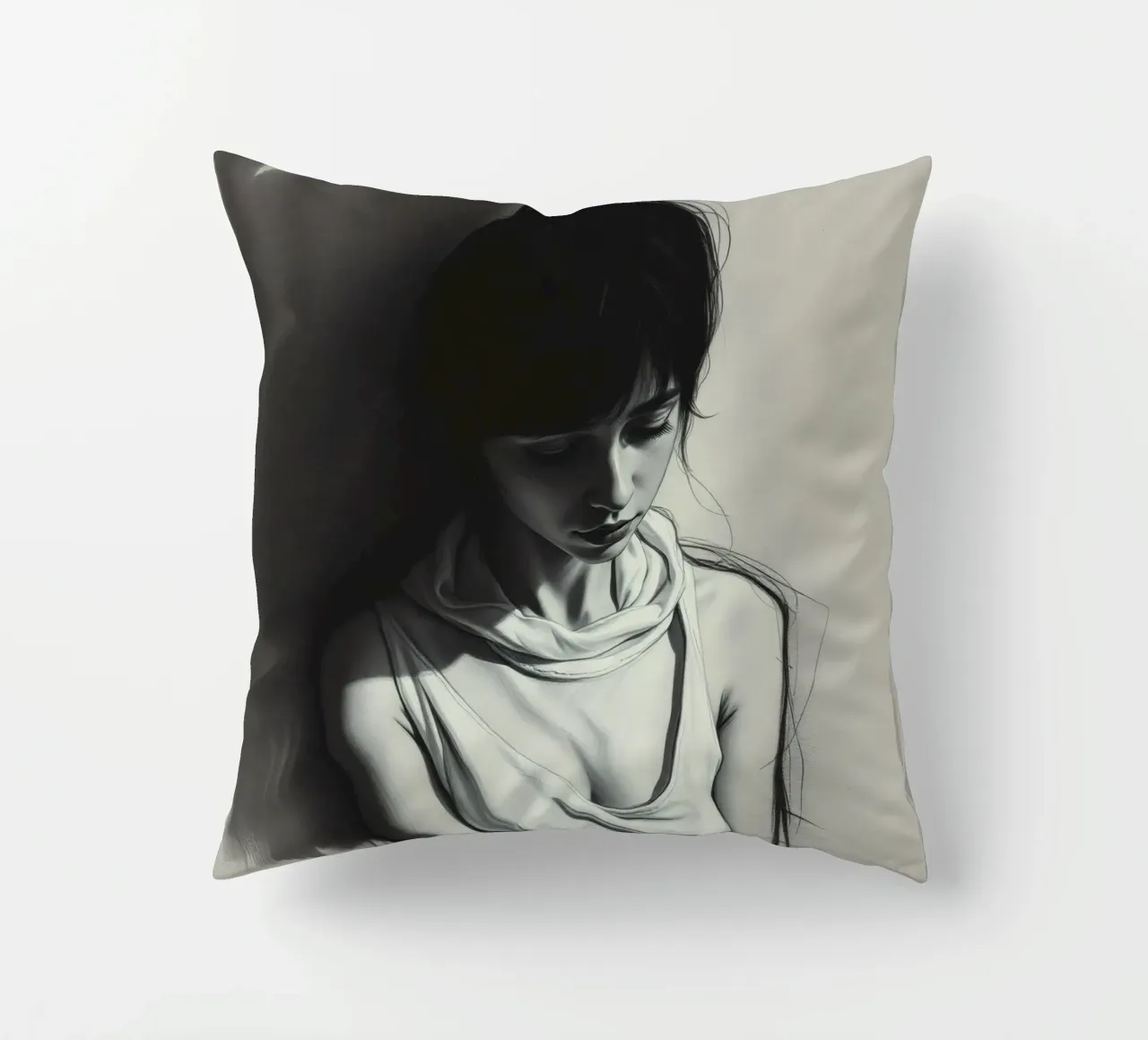 Giovane donna in posa riflessiva su uno sfondo scuro cuscino da DesignDoodle