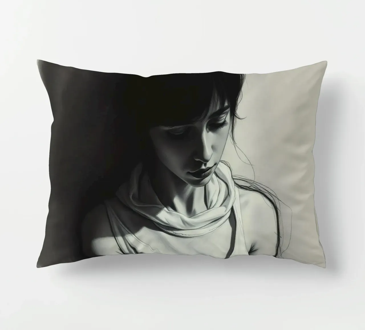 Giovane donna in posa riflessiva su uno sfondo scuro cuscino da DesignDoodle