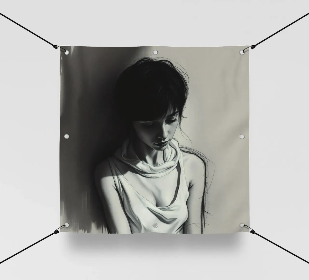 Giovane donna in posa riflessiva su uno sfondo scuro telo in pvc da DesignDoodle