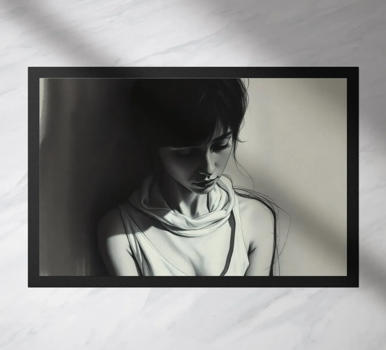 Giovane donna in posa riflessiva su uno sfondo scuro zerbino da DesignDoodle