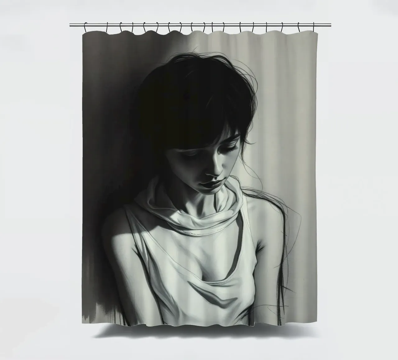 Junge Frau in nachdenklicher Pose vor einem dunklen Hintergrund Duschvorhang von DesignDoodle