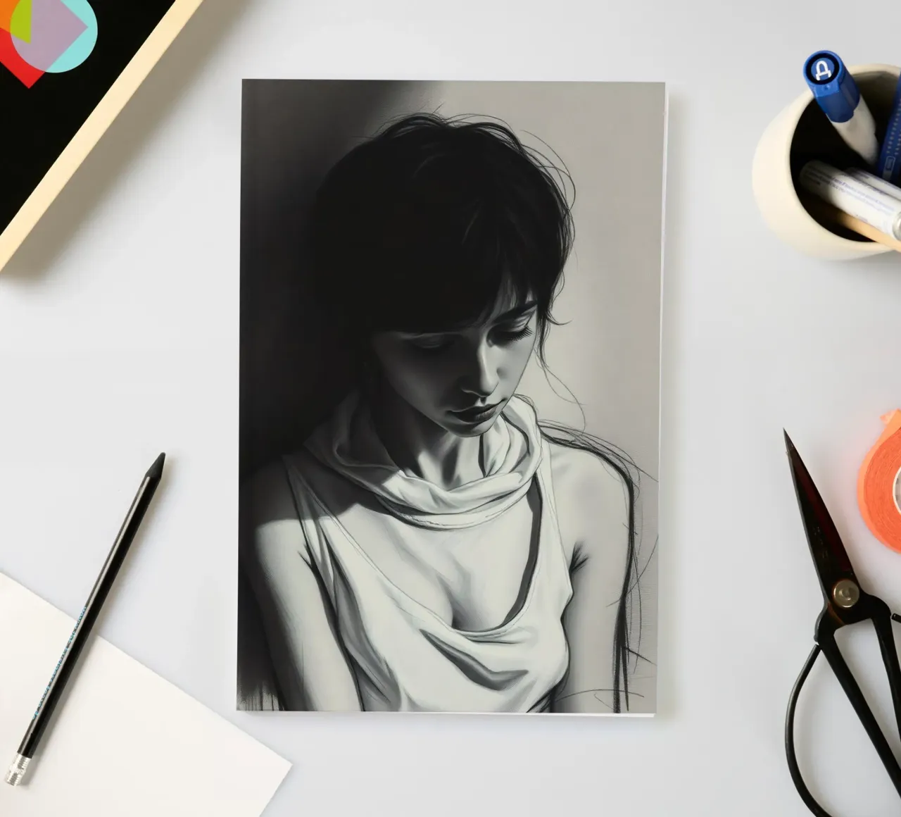 Jeune femme prenant une pose réfléchie sur un fond sombre carnet de notes de DesignDoodle