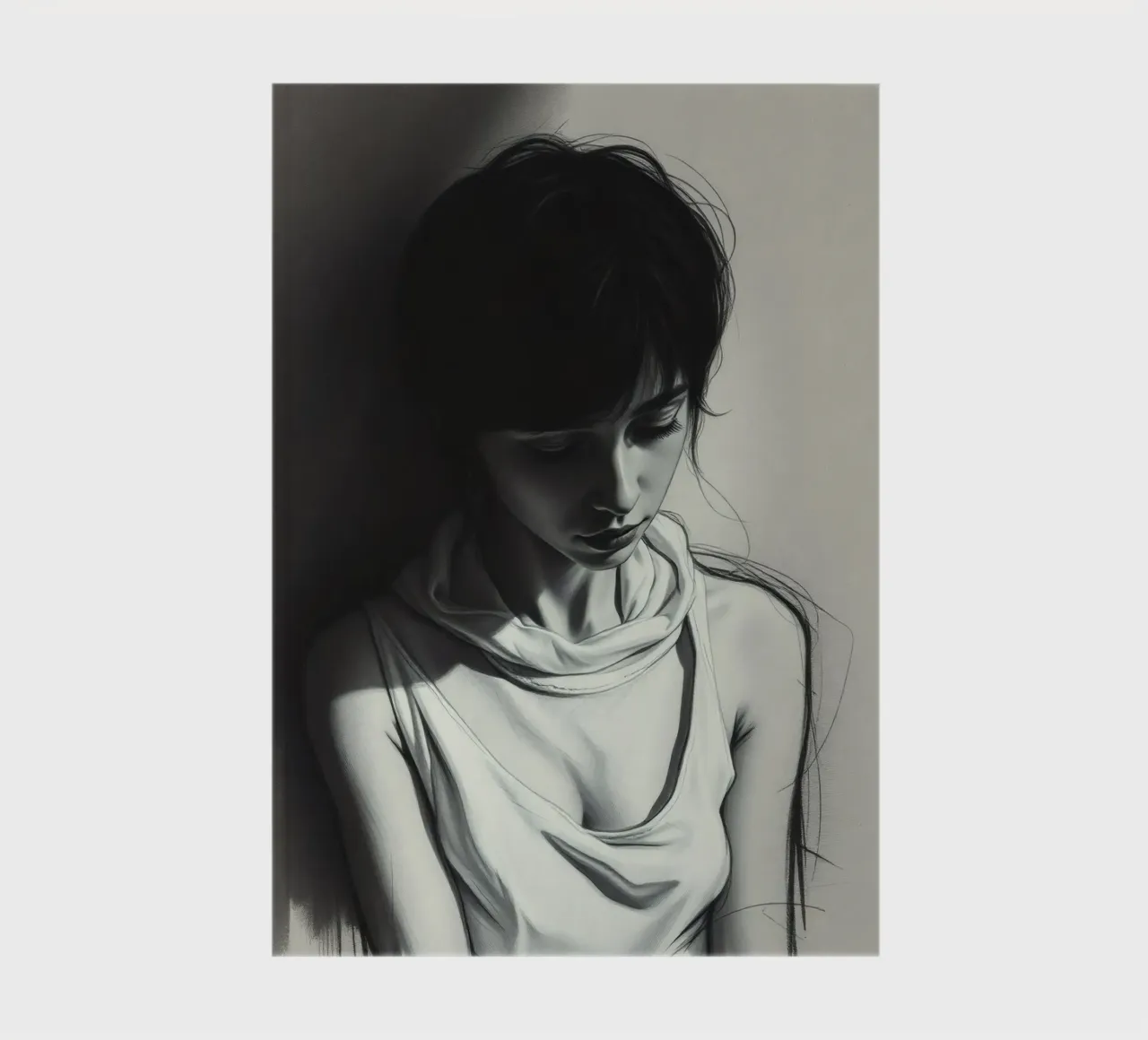 Jeune femme prenant une pose réfléchie sur un fond sombre carnet de notes de DesignDoodle
