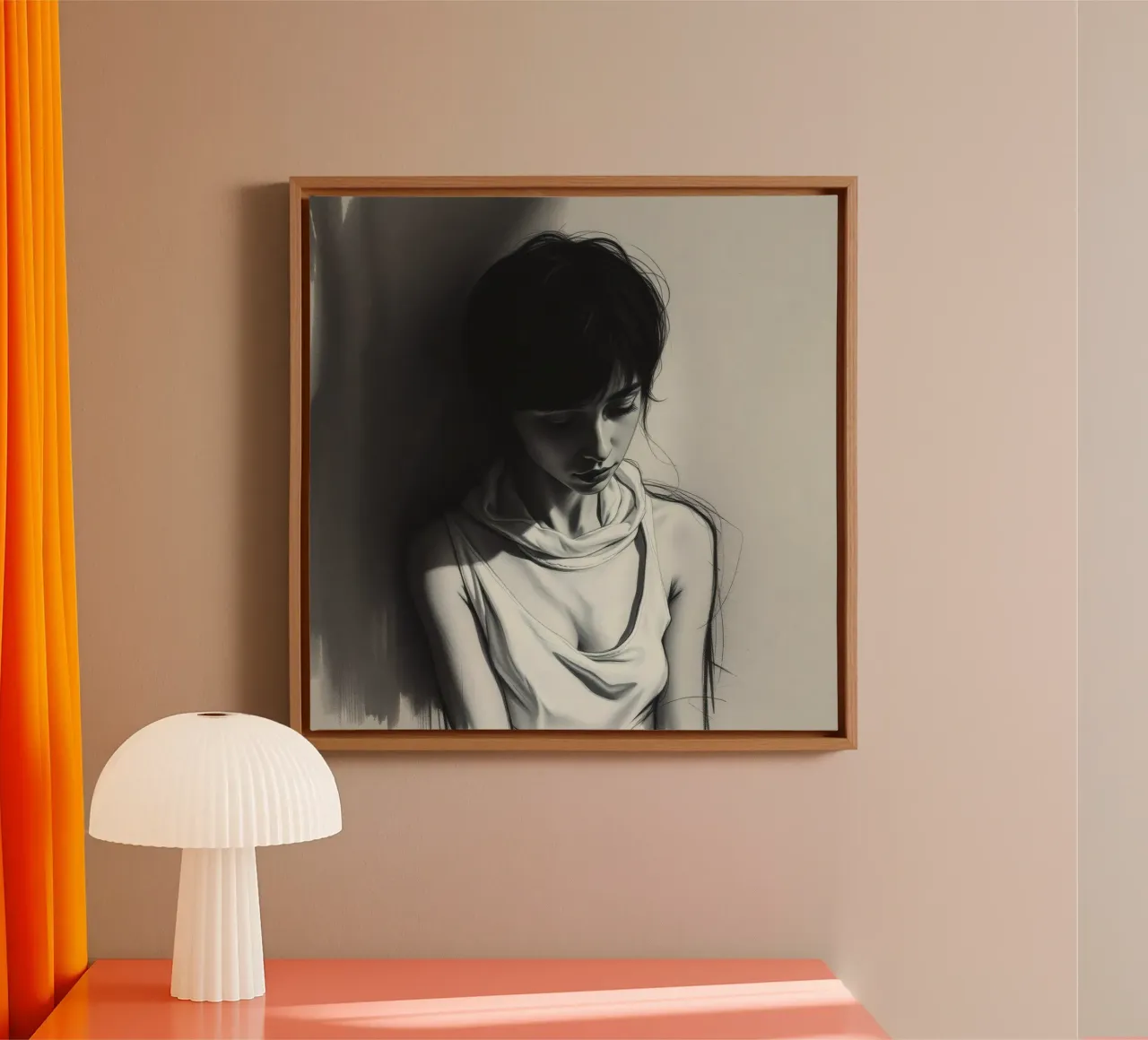 Jonge vrouw in peinzende houding tegen donkere achtergrond canvas van DesignDoodle