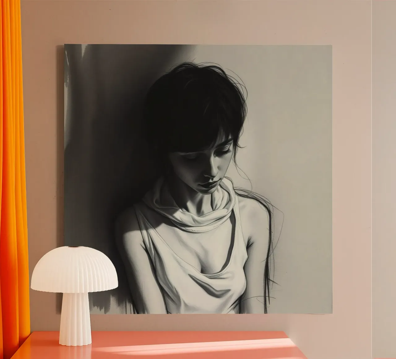 Jonge vrouw in peinzende houding tegen donkere achtergrond canvas van DesignDoodle