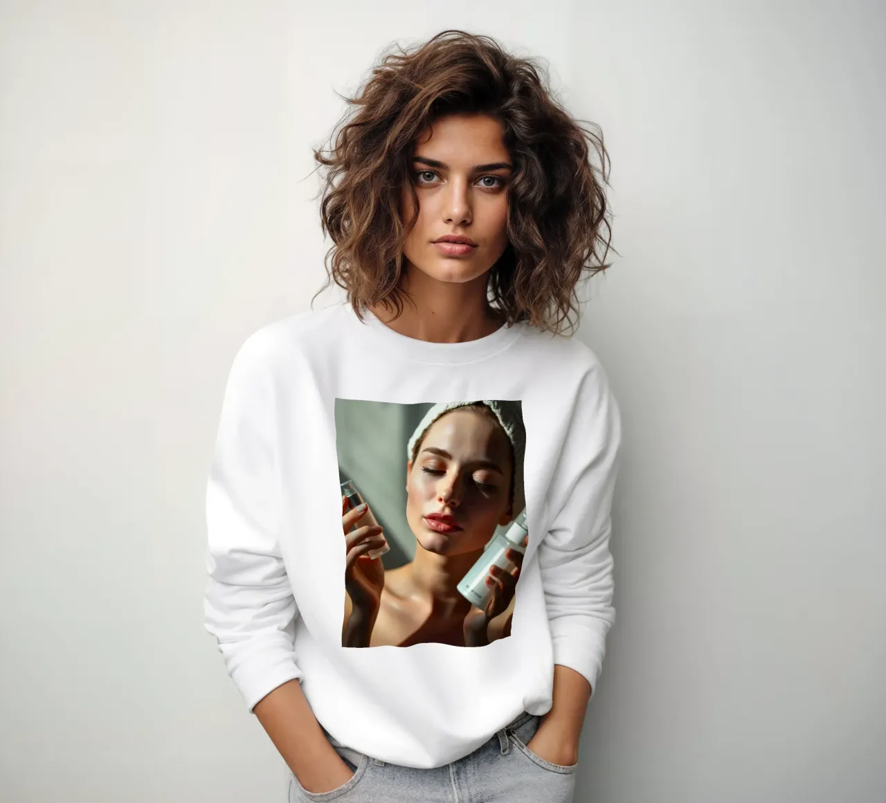 Beauty routine with skincare products in natural lighting sweatshirt by DesignDoodle