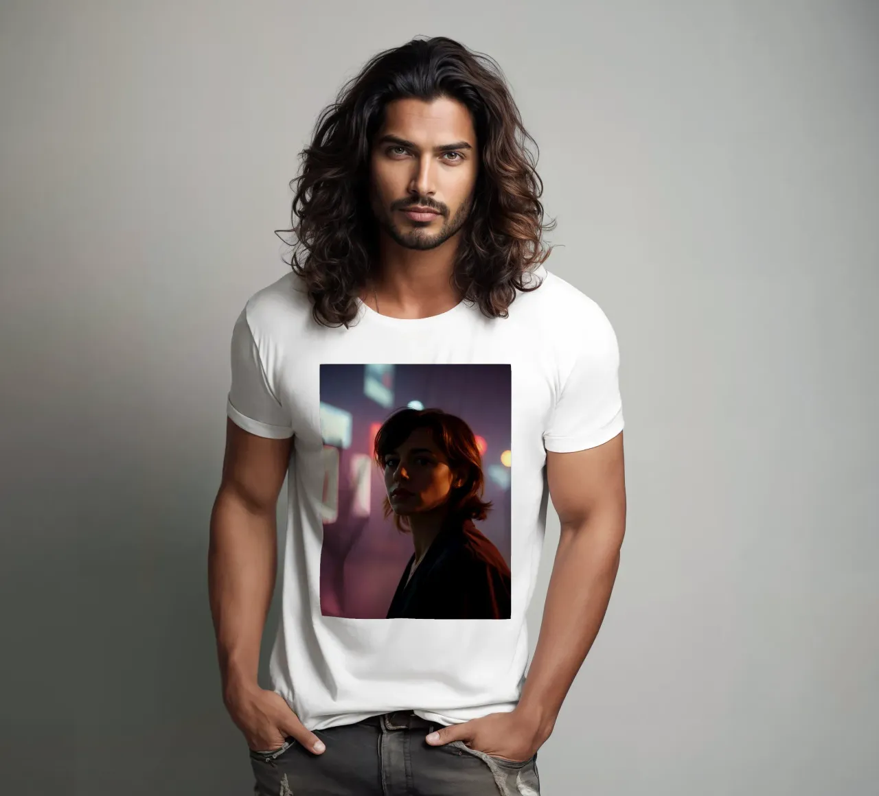 donna in ambiente urbano con luci al neon di notte t-shirt da DesignDoodle