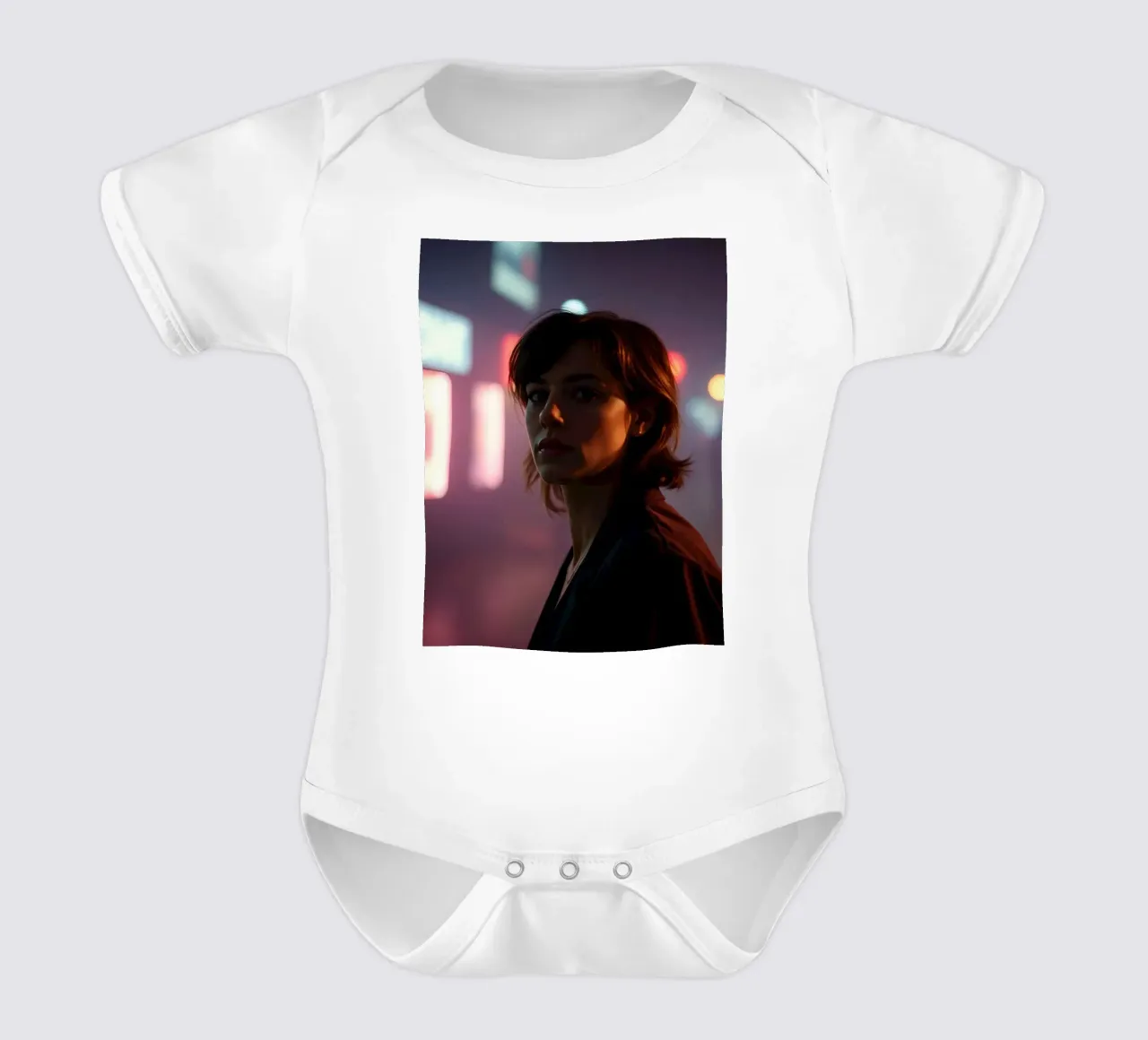 donna in ambiente urbano con luci al neon di notte body neonato maniche corte da DesignDoodle