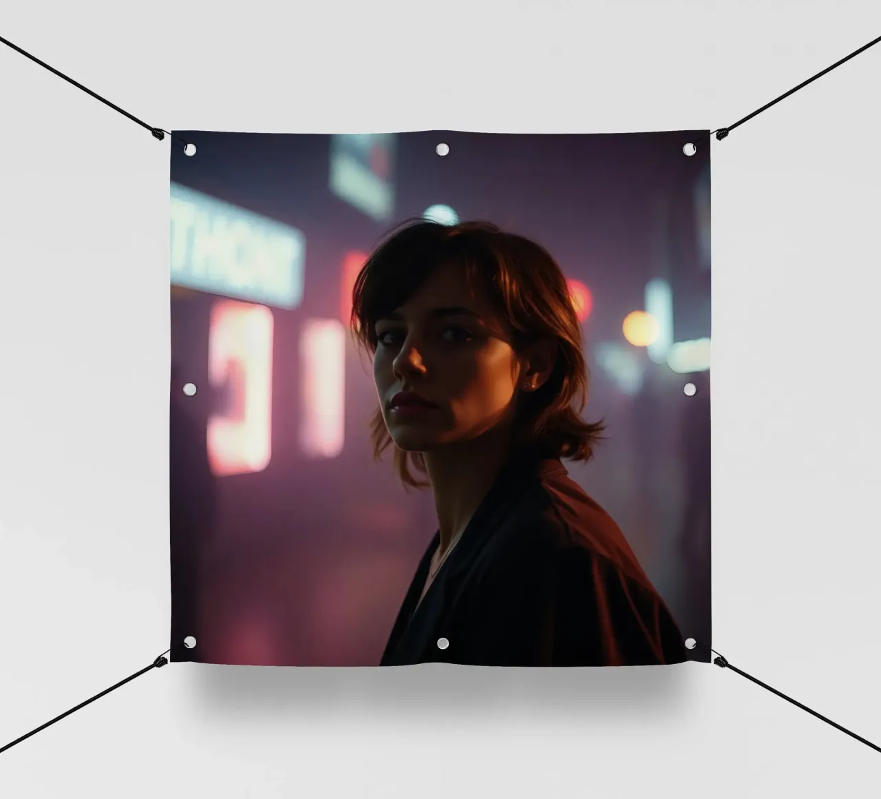 donna in ambiente urbano con luci al neon di notte telo in pvc da DesignDoodle