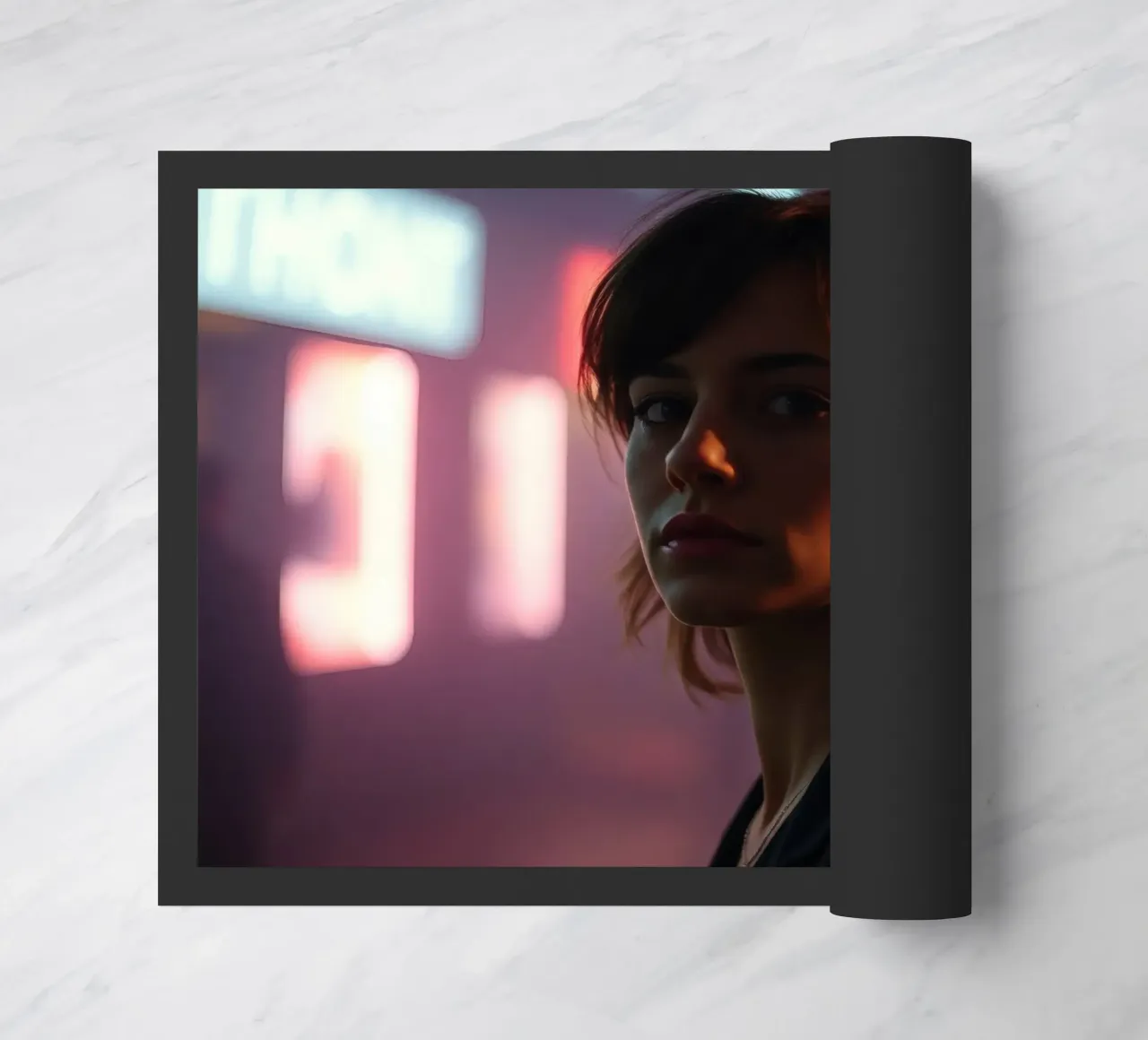 donna in ambiente urbano con luci al neon di notte zerbino da DesignDoodle