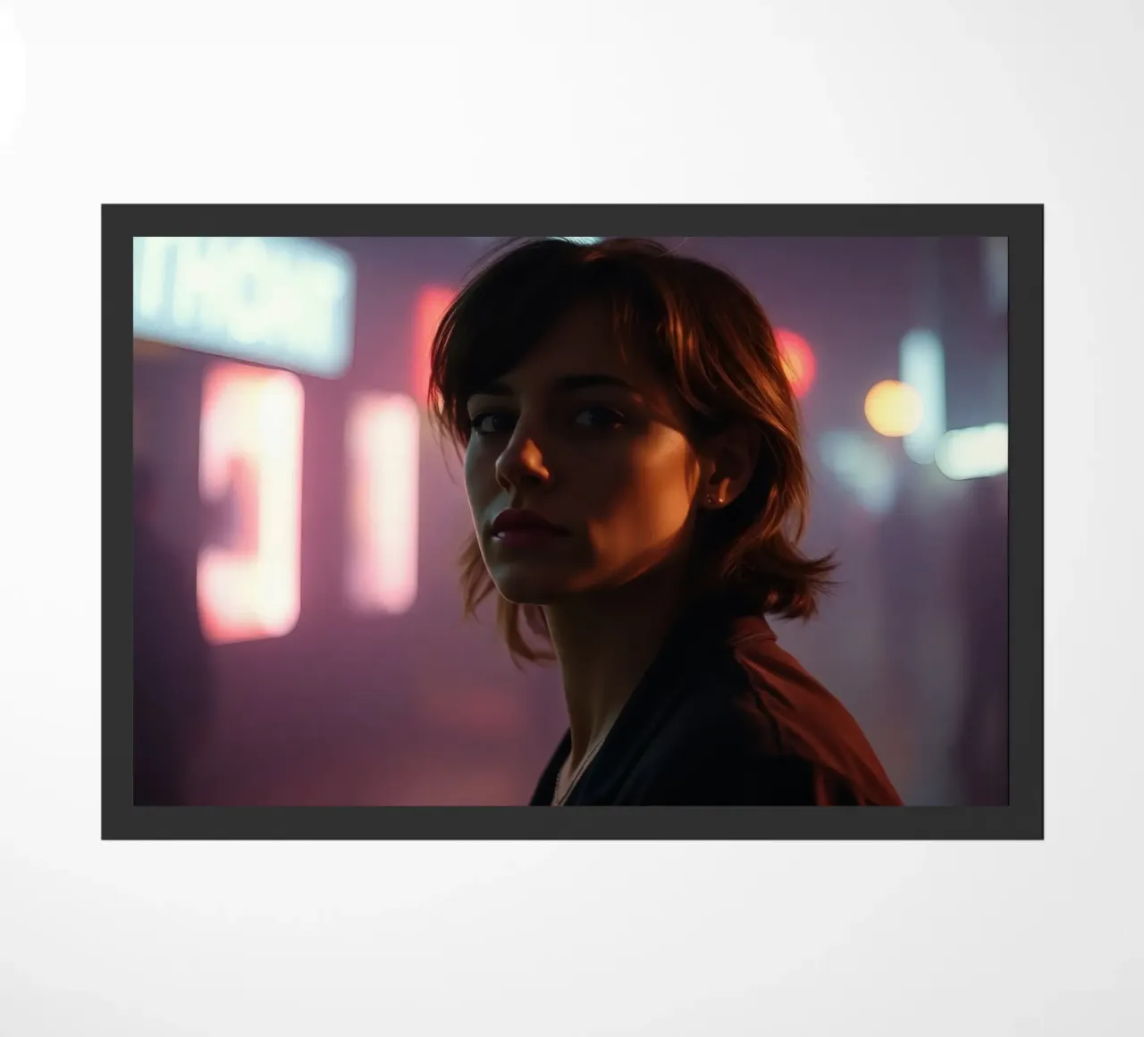 donna in ambiente urbano con luci al neon di notte zerbino da DesignDoodle