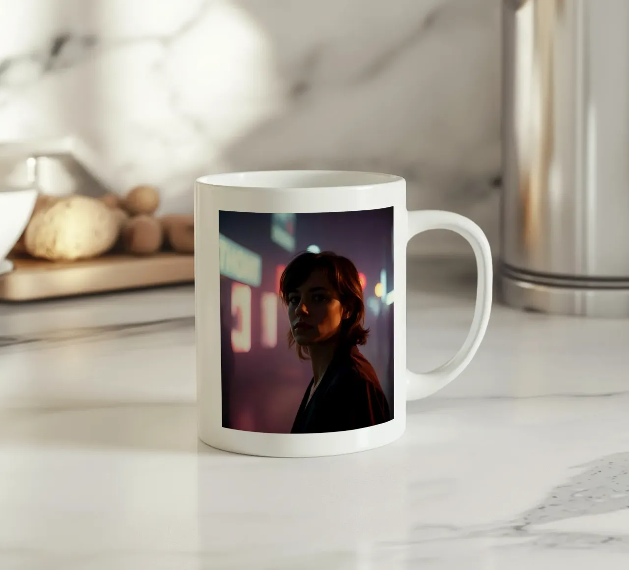 donna in ambiente urbano con luci al neon di notte tazza in ceramica da DesignDoodle