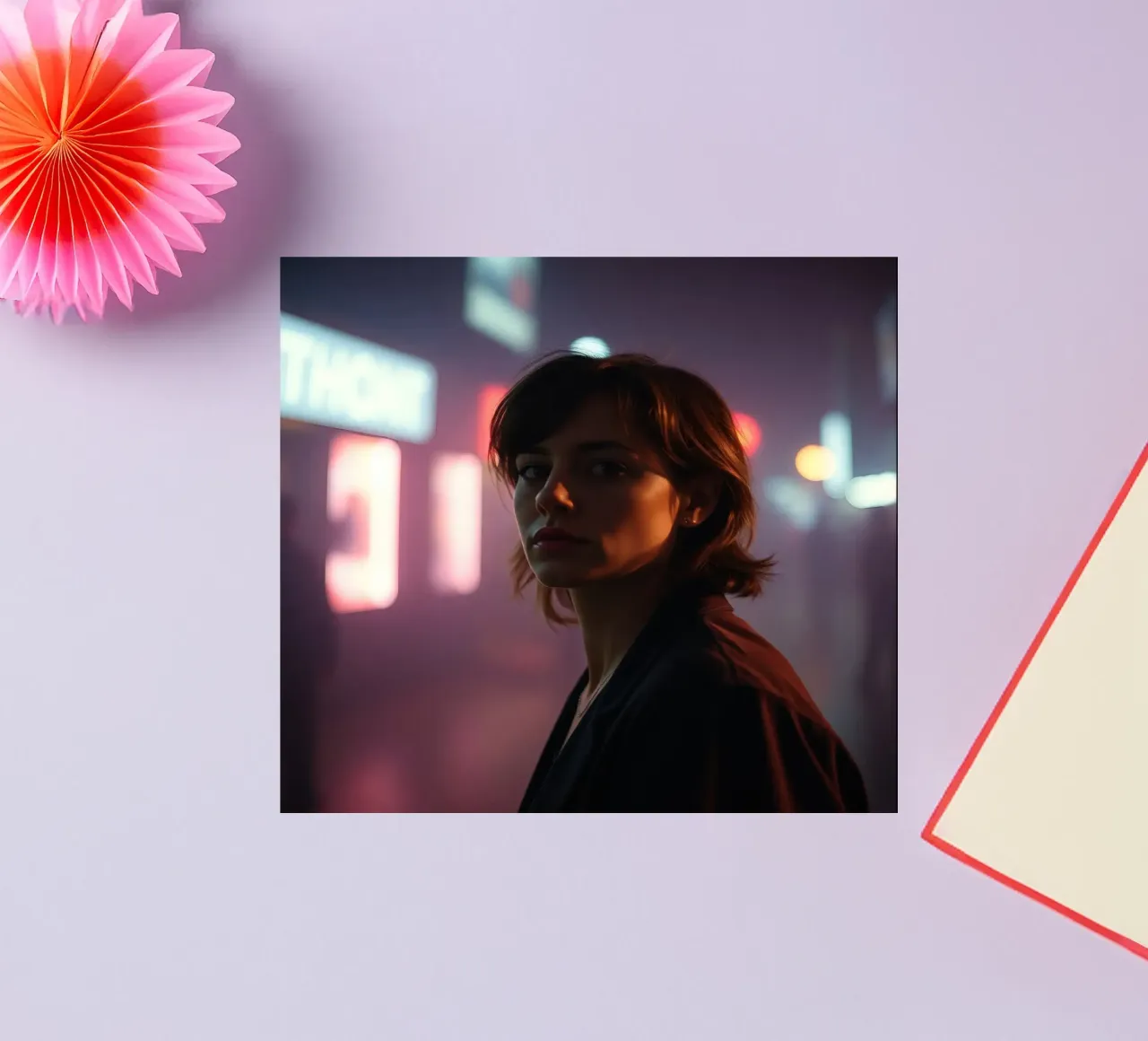 woman in urban setting with neon lights at night sticker by DesignDoodle