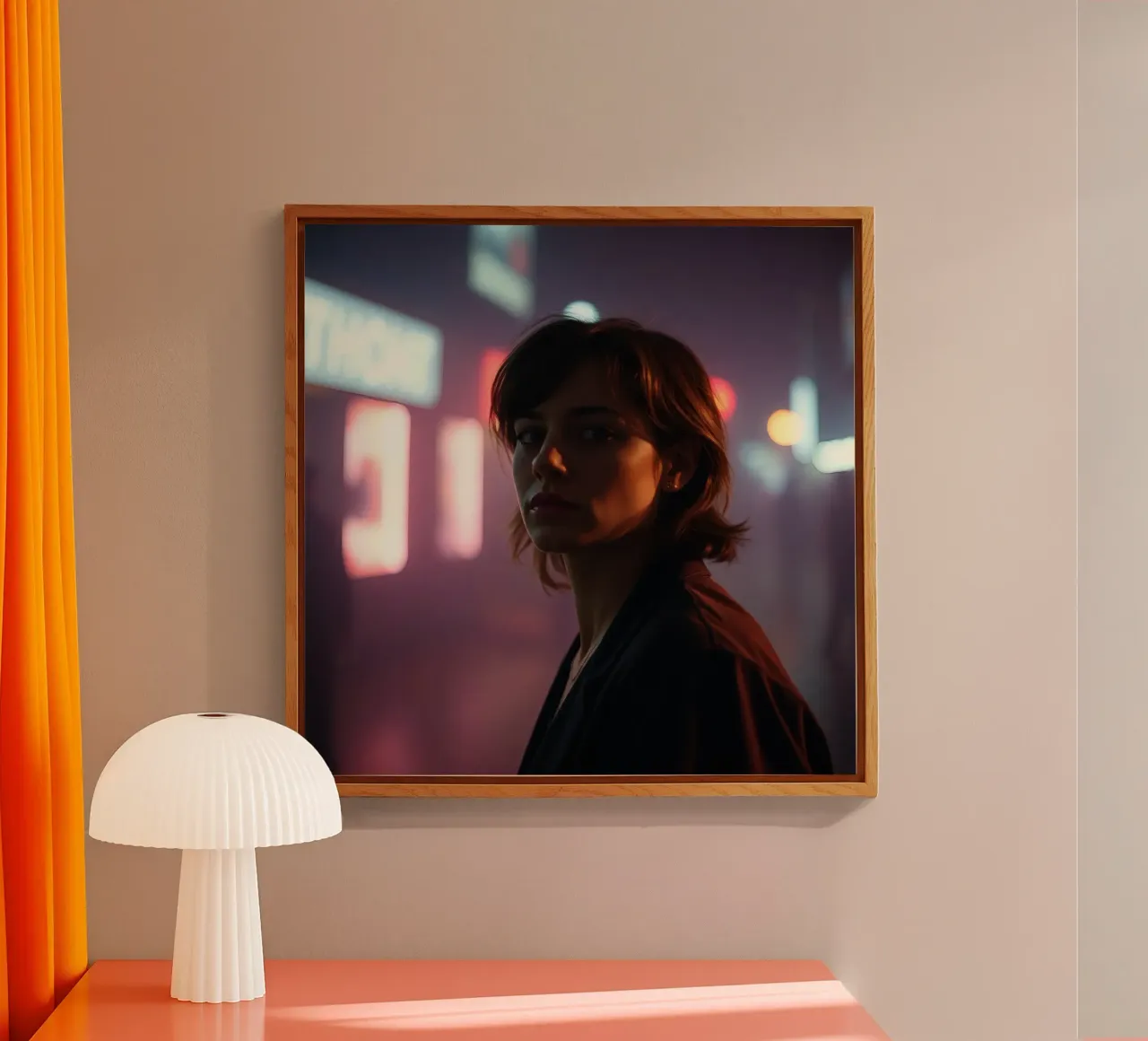 donna in ambiente urbano con luci al neon di notte plexiglass da DesignDoodle