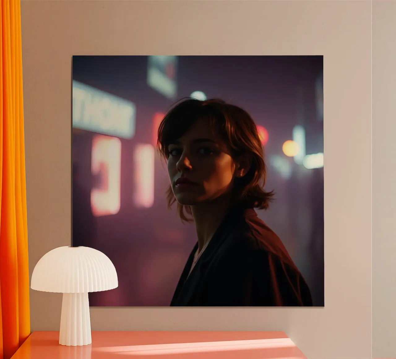 donna in ambiente urbano con luci al neon di notte carta hahnemühle da DesignDoodle