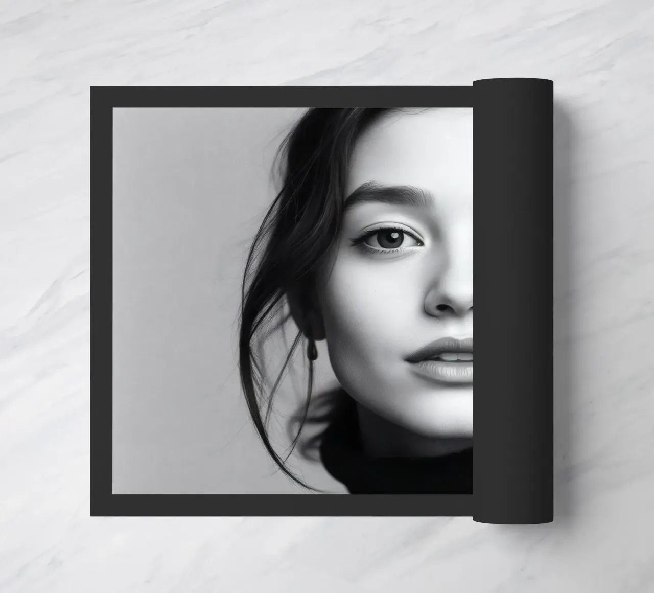 Ritratto di una giovane donna che indossa un dolcevita nero zerbino da DesignDoodle