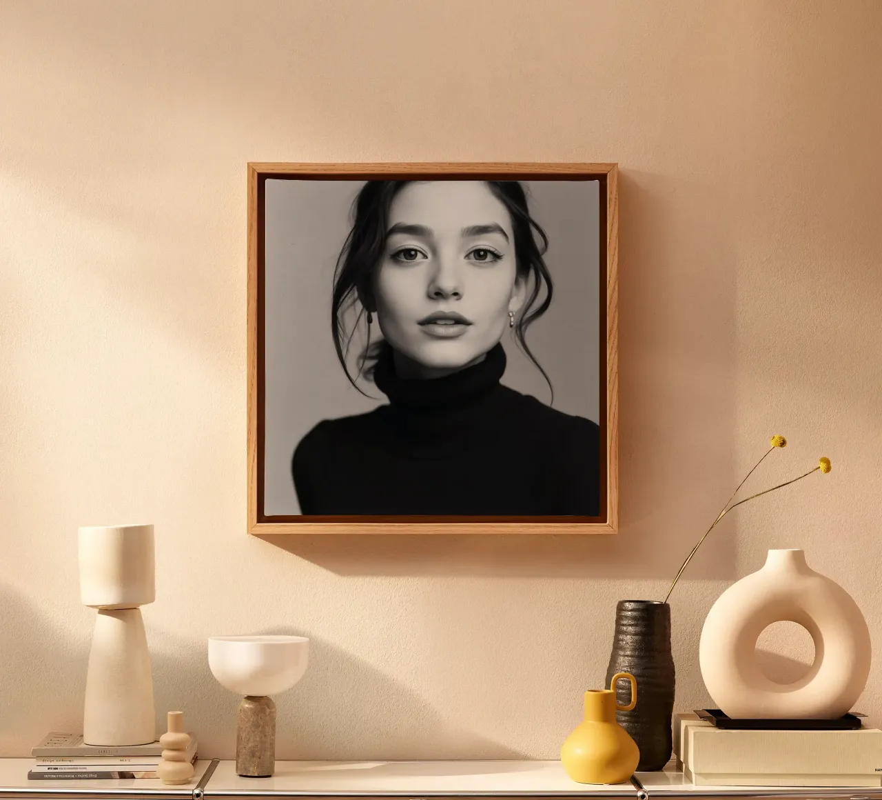 Portrait d'une jeune femme portant un col roulé noir toile avec Caisse américaine de DesignDoodle