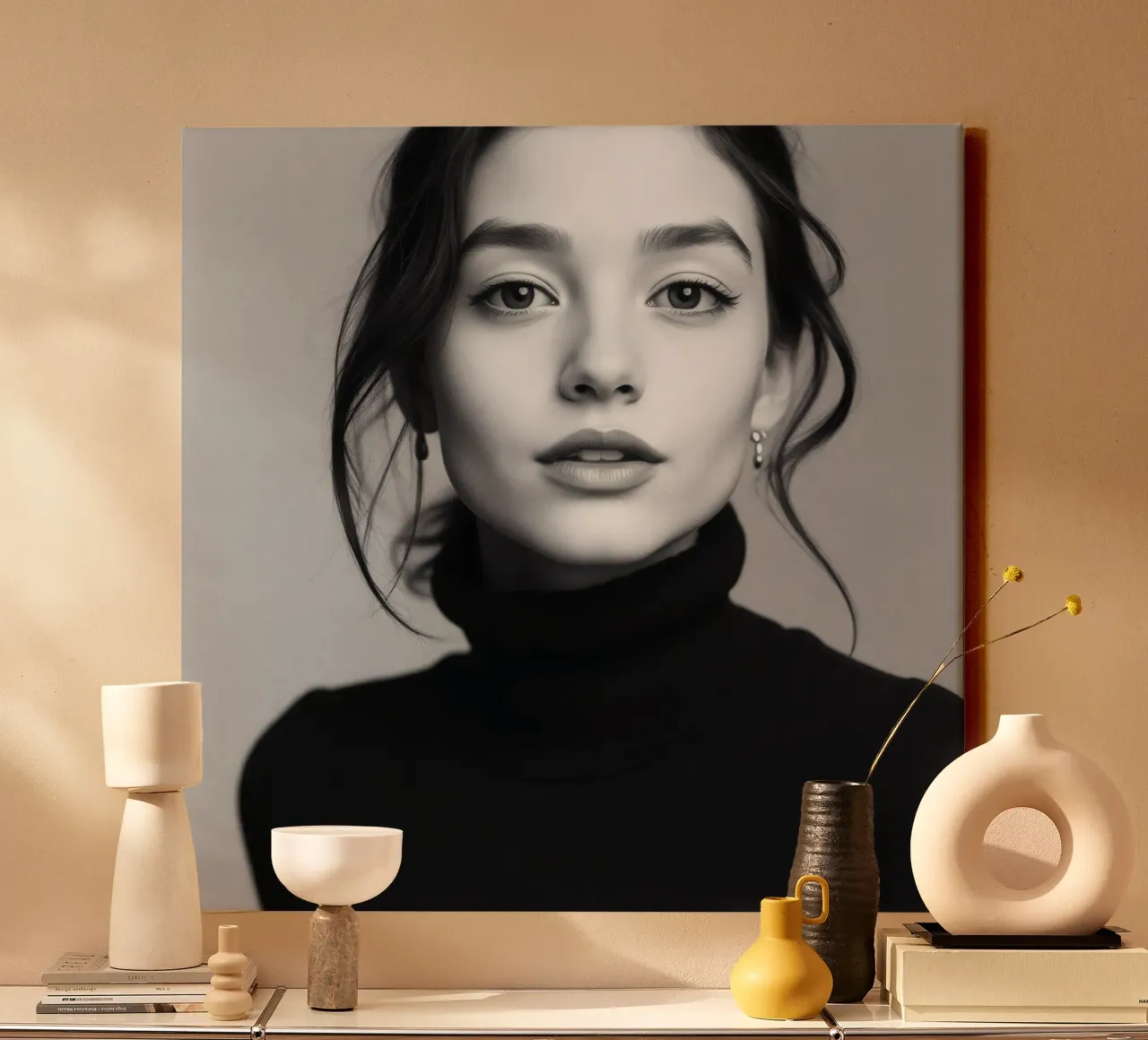 Portrait d'une jeune femme portant un col roulé noir toile avec Caisse américaine de DesignDoodle