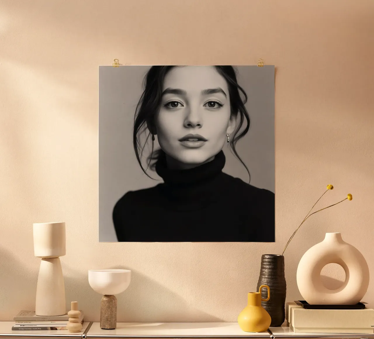 Portrait d'une jeune femme portant un col roulé noir poster de DesignDoodle