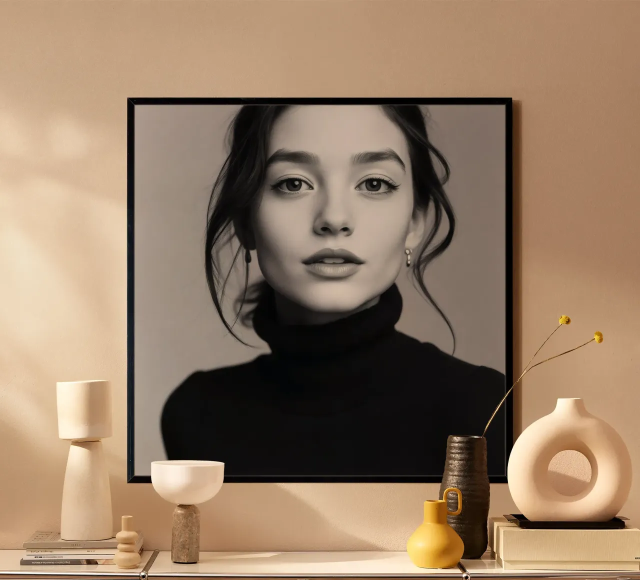 Portrait d'une jeune femme portant un col roulé noir poster de DesignDoodle