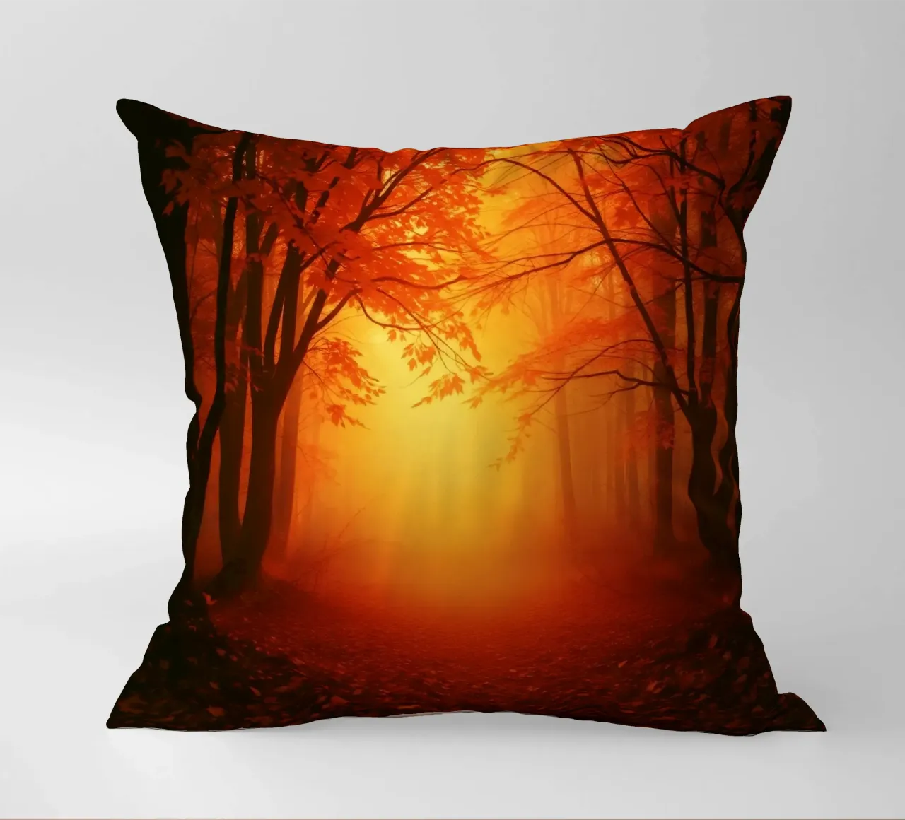 Foresta autunnale immersa nella luce dorata cuscino da DesignDoodle
