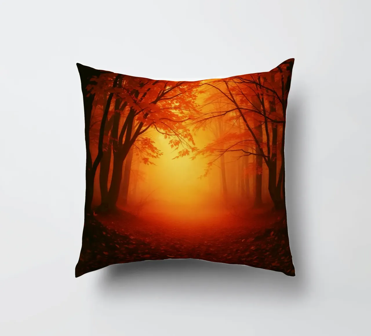 Foresta autunnale immersa nella luce dorata cuscino da DesignDoodle