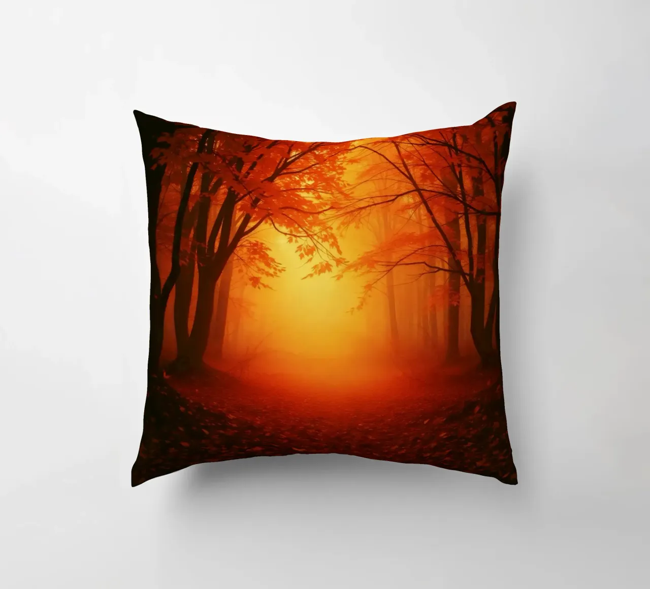 Foresta autunnale immersa nella luce dorata cuscino da DesignDoodle