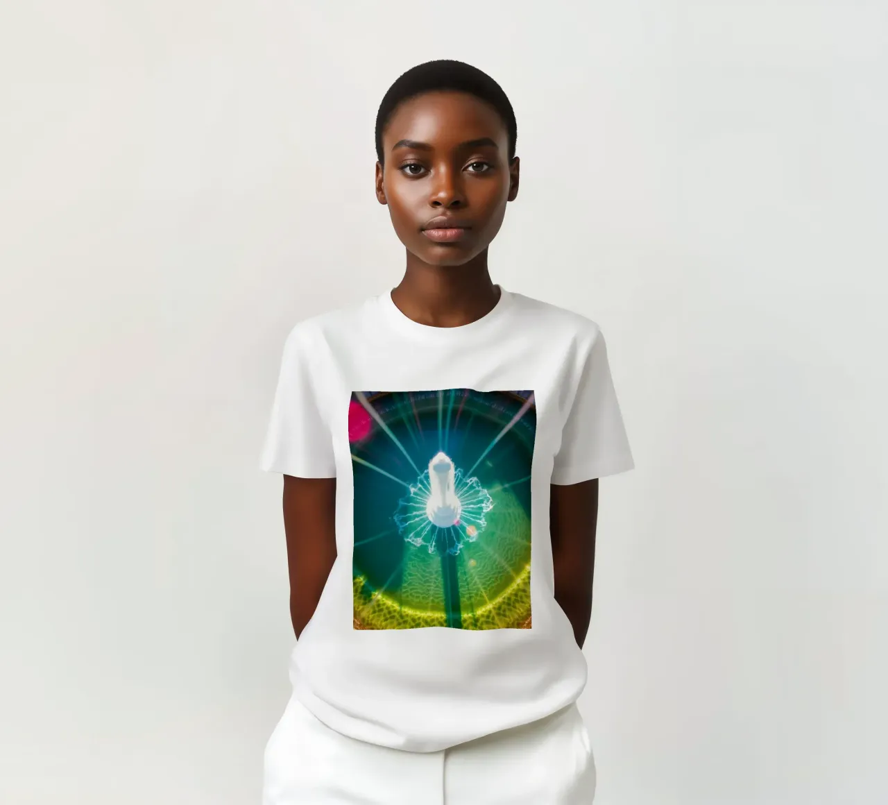 vista aerea di una fontana con riflessi di luce colorati t-shirt da DesignDoodle