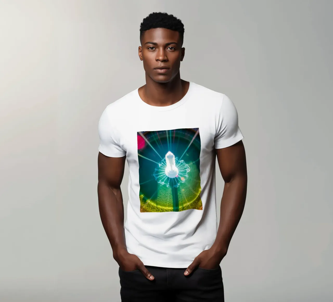 vista aerea di una fontana con riflessi di luce colorati t-shirt da DesignDoodle