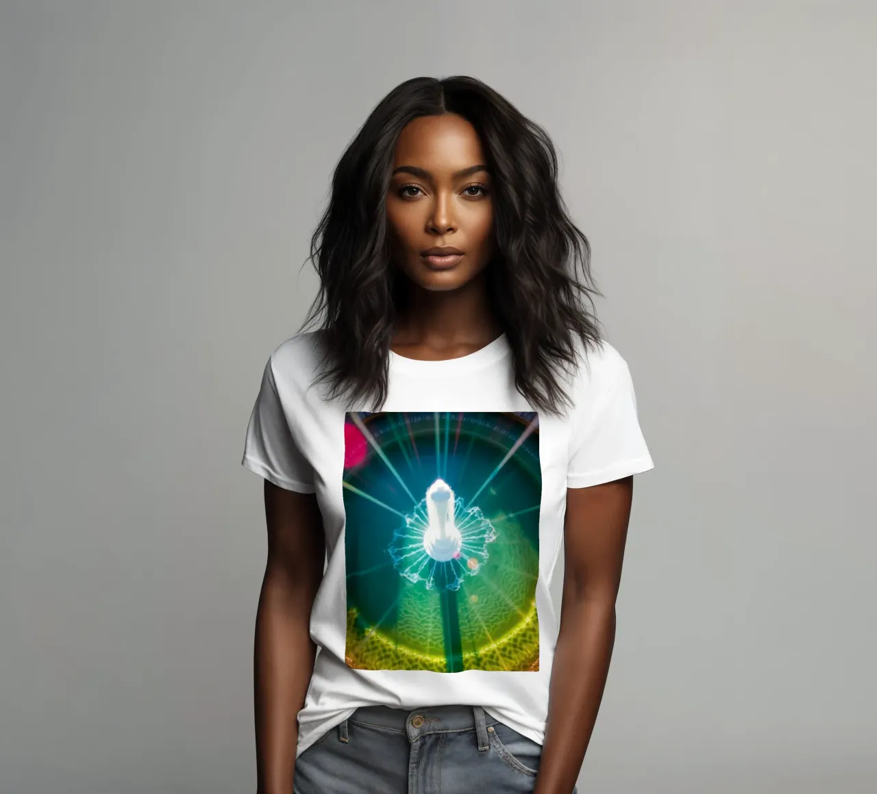 vue aérienne d'une fontaine avec des reflets lumineux colorés t-shirt ajusté pour femmes de DesignDoodle