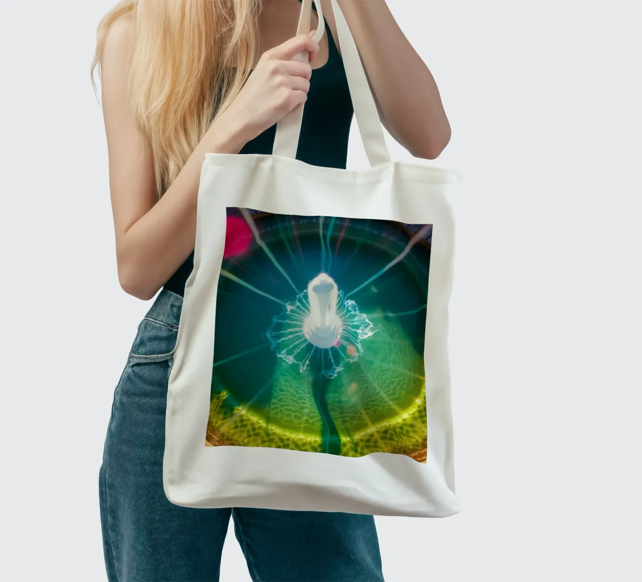 vista aerea di una fontana con riflessi di luce colorati borsa in juta da DesignDoodle