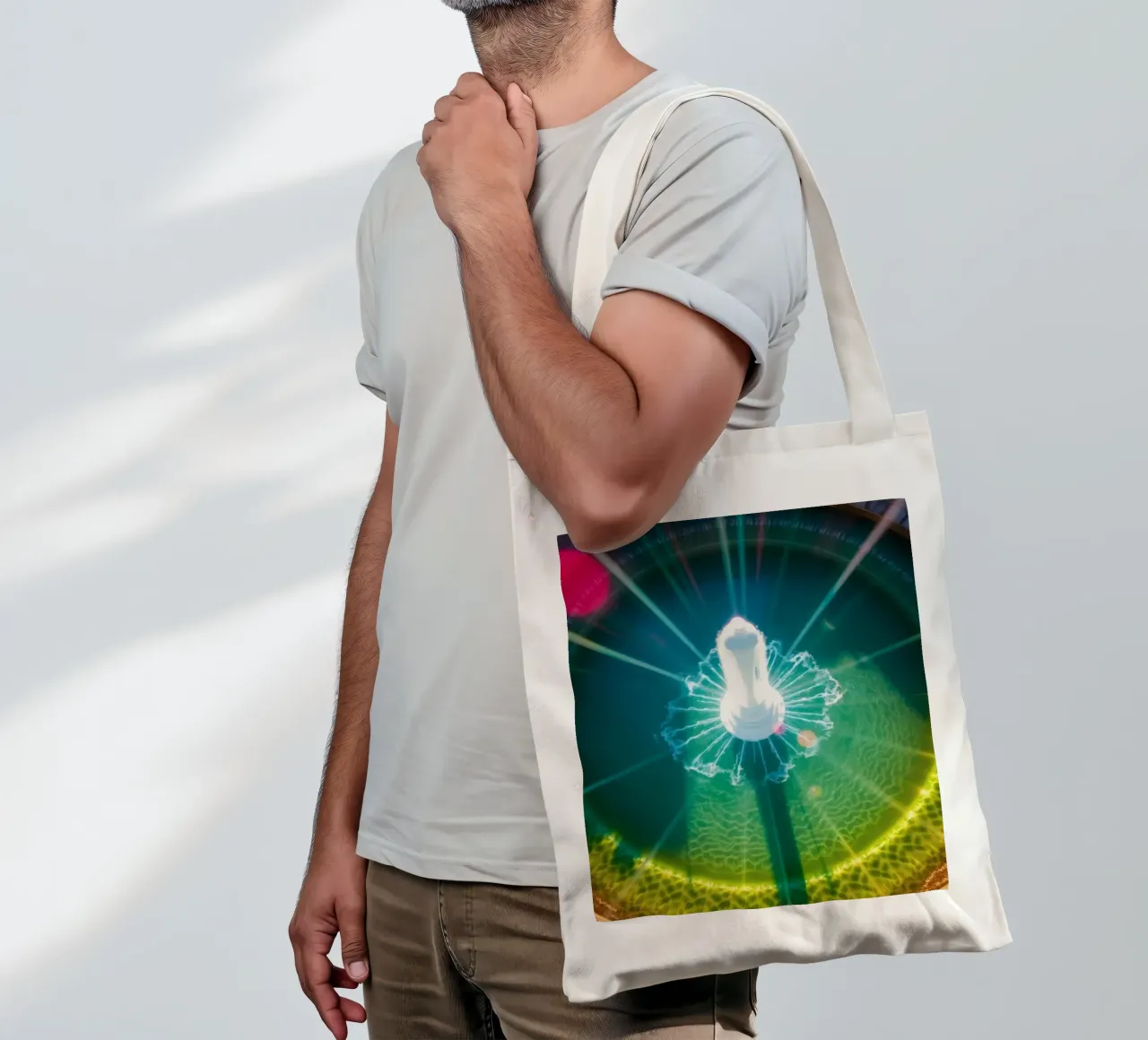 vista aerea di una fontana con riflessi di luce colorati borsa in juta da DesignDoodle