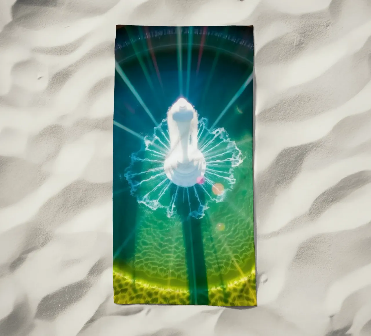 vista aerea di una fontana con riflessi di luce colorati telo mare da DesignDoodle