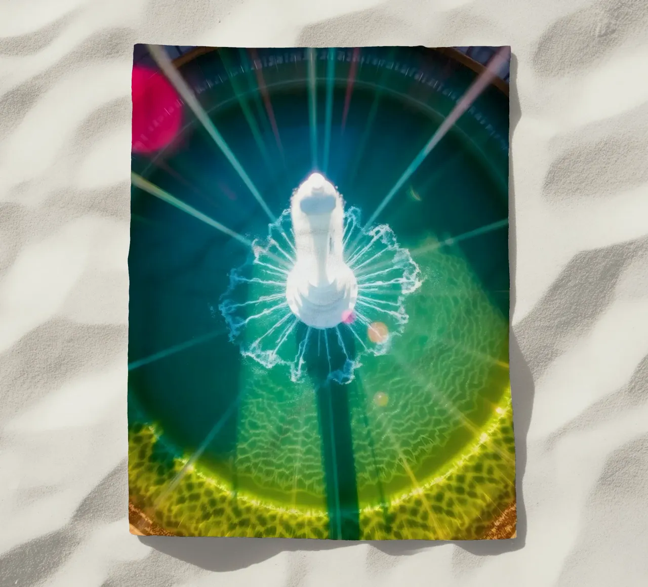 vista aerea di una fontana con riflessi di luce colorati telo mare da DesignDoodle