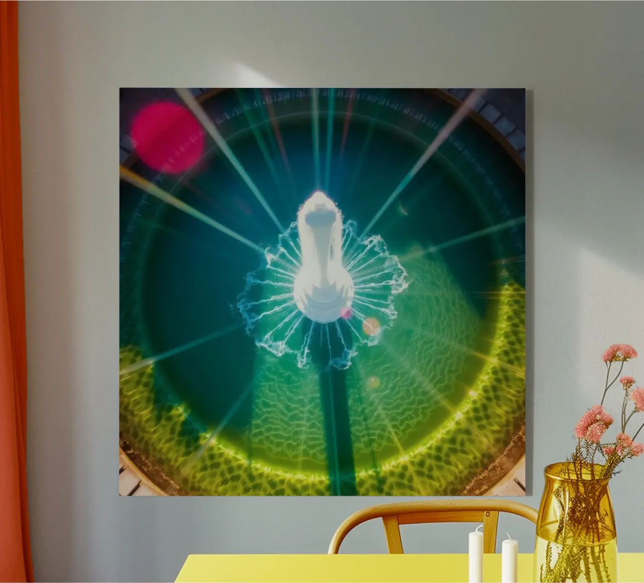vista aerea di una fontana con riflessi di luce colorati plexiglass da DesignDoodle