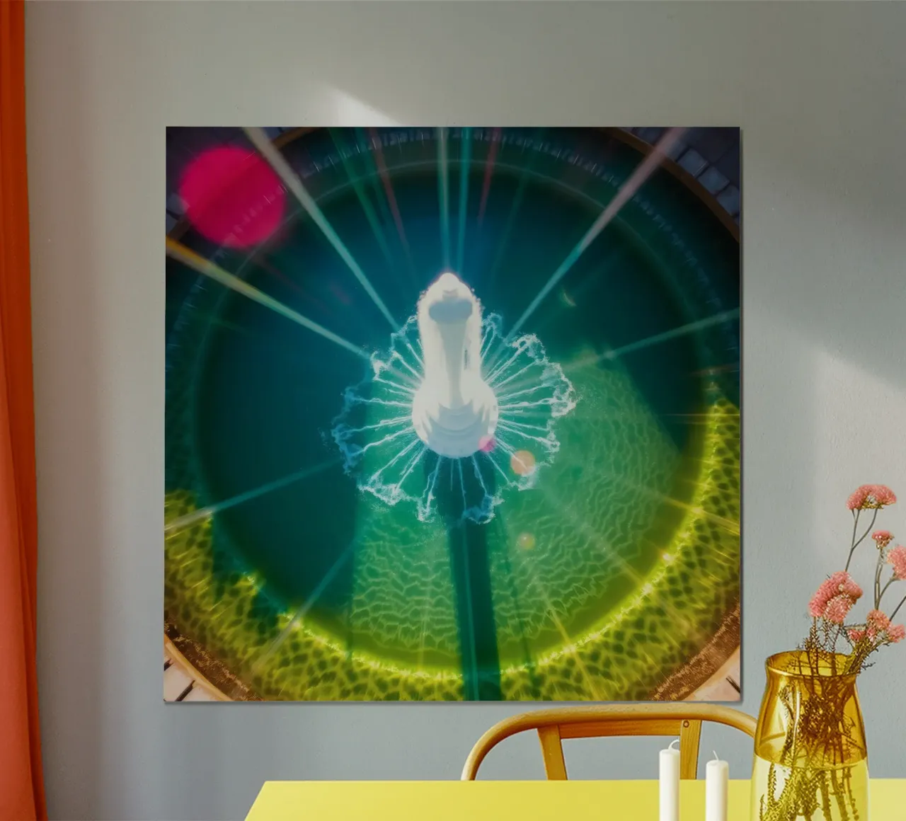 vista aerea di una fontana con riflessi di luce colorati carta hahnemühle da DesignDoodle