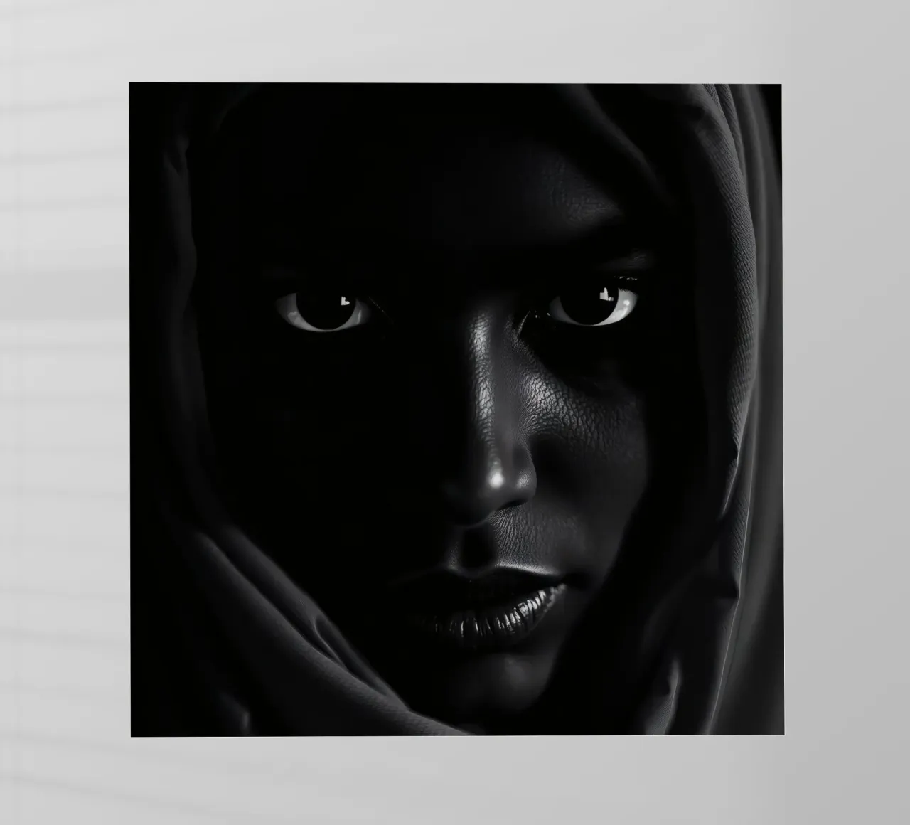 una giovane donna nera dallo sguardo intenso che indossa una sciarpa scura pellicola backlit da DesignDoodle
