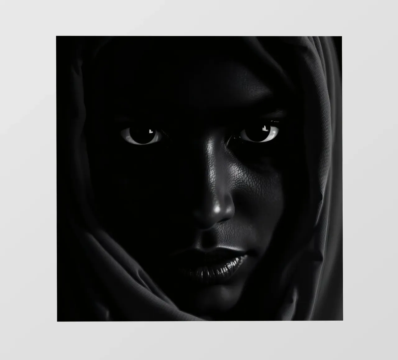 una giovane donna nera dallo sguardo intenso che indossa una sciarpa scura pellicola backlit da DesignDoodle
