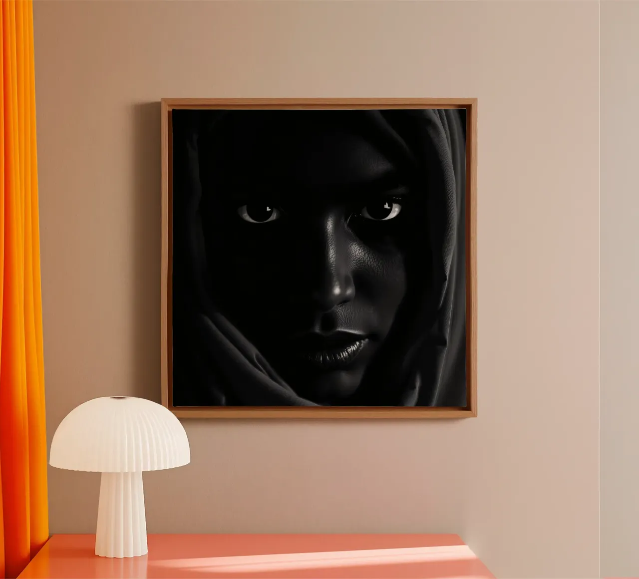 una giovane donna nera dallo sguardo intenso che indossa una sciarpa scura tela con Cornice a cassetta da DesignDoodle