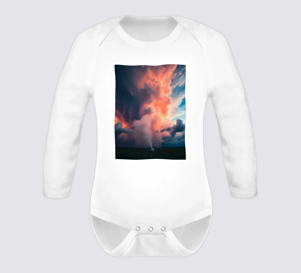 Dramatic storm clouds illuminated by sunset over a field long-sleeve baby romper by DesignDoodle