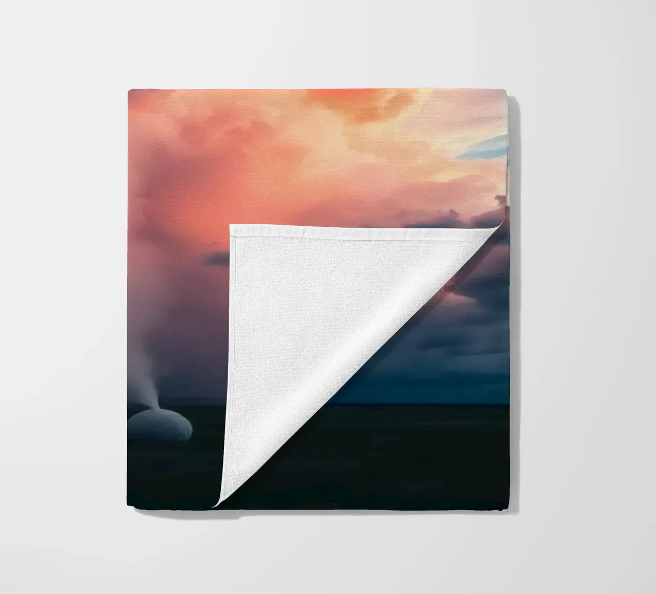 Dramatic storm clouds illuminated by sunset over a field beach towel by DesignDoodle