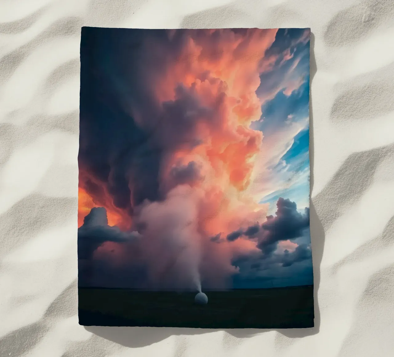 Dramatic storm clouds illuminated by sunset over a field beach towel by DesignDoodle