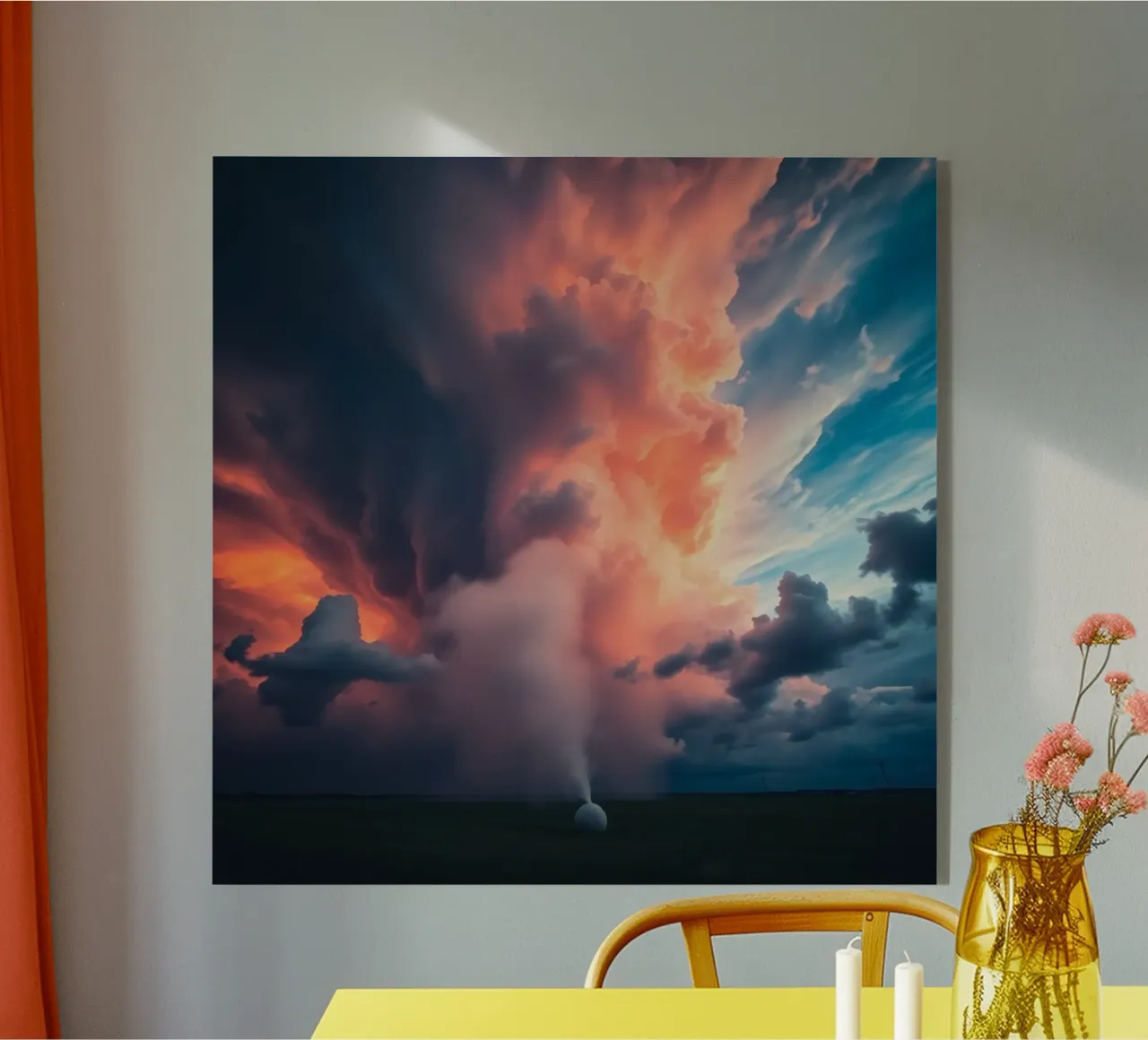 Drammatiche nuvole temporalesche illuminate dal tramonto su un campo plexiglass da DesignDoodle