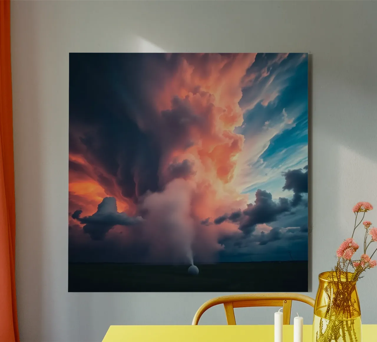 Drammatiche nuvole temporalesche illuminate dal tramonto su un campo alluminio dibond da DesignDoodle
