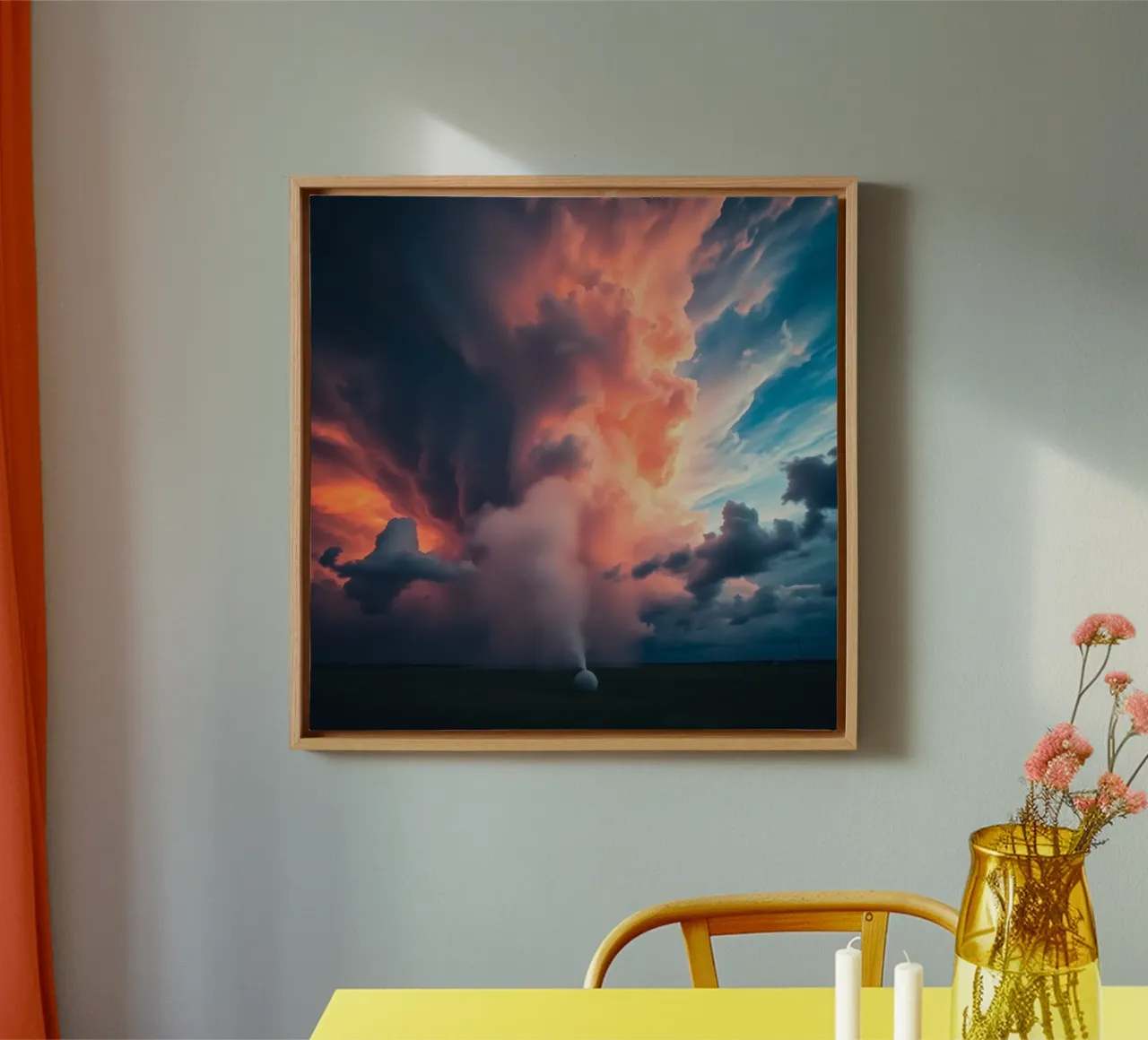 Dramatic storm clouds illuminated by sunset over a field canvas with Floater frame by DesignDoodle