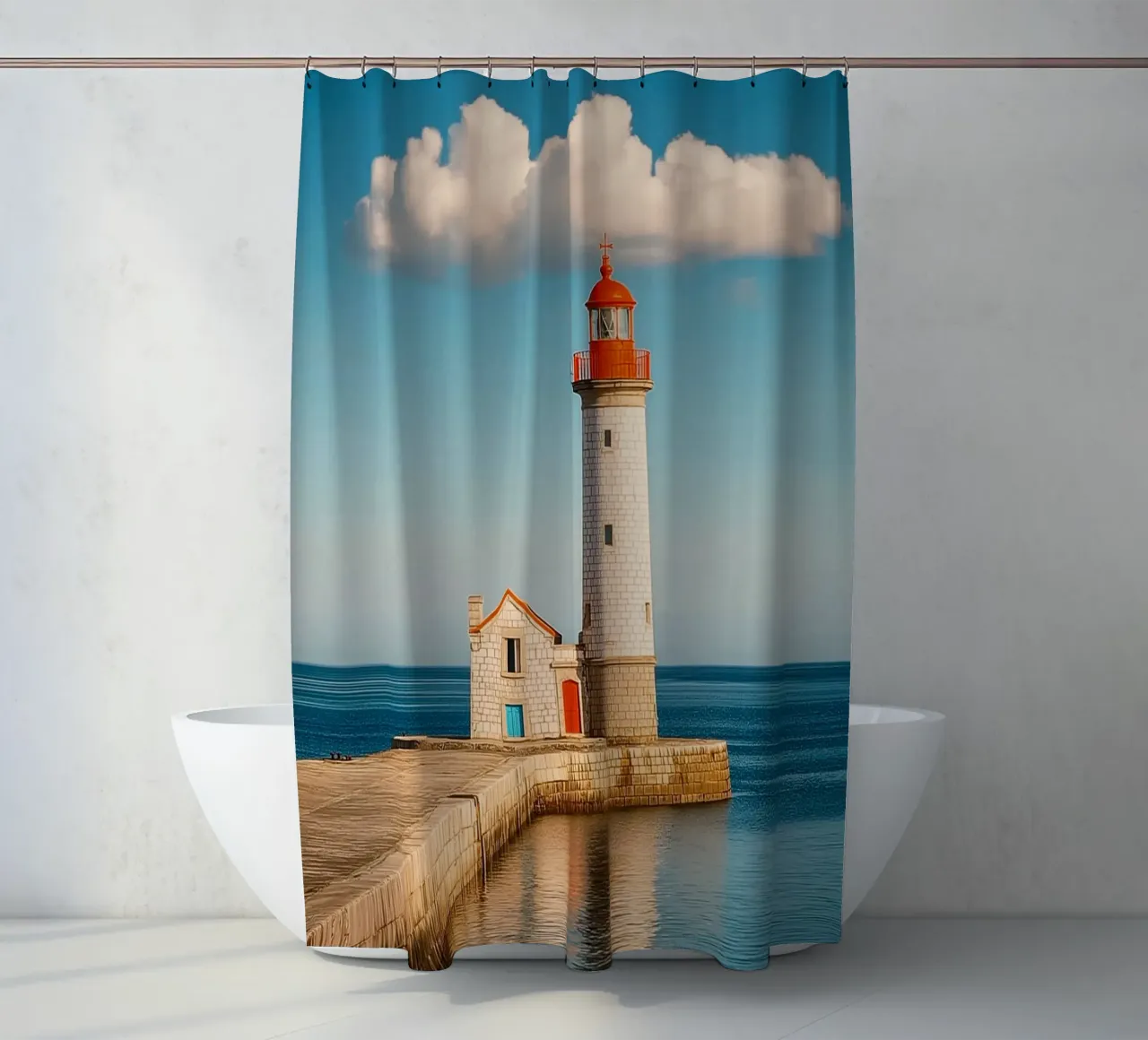 Faro sul mare tenda da doccia da Indigo Tides Art