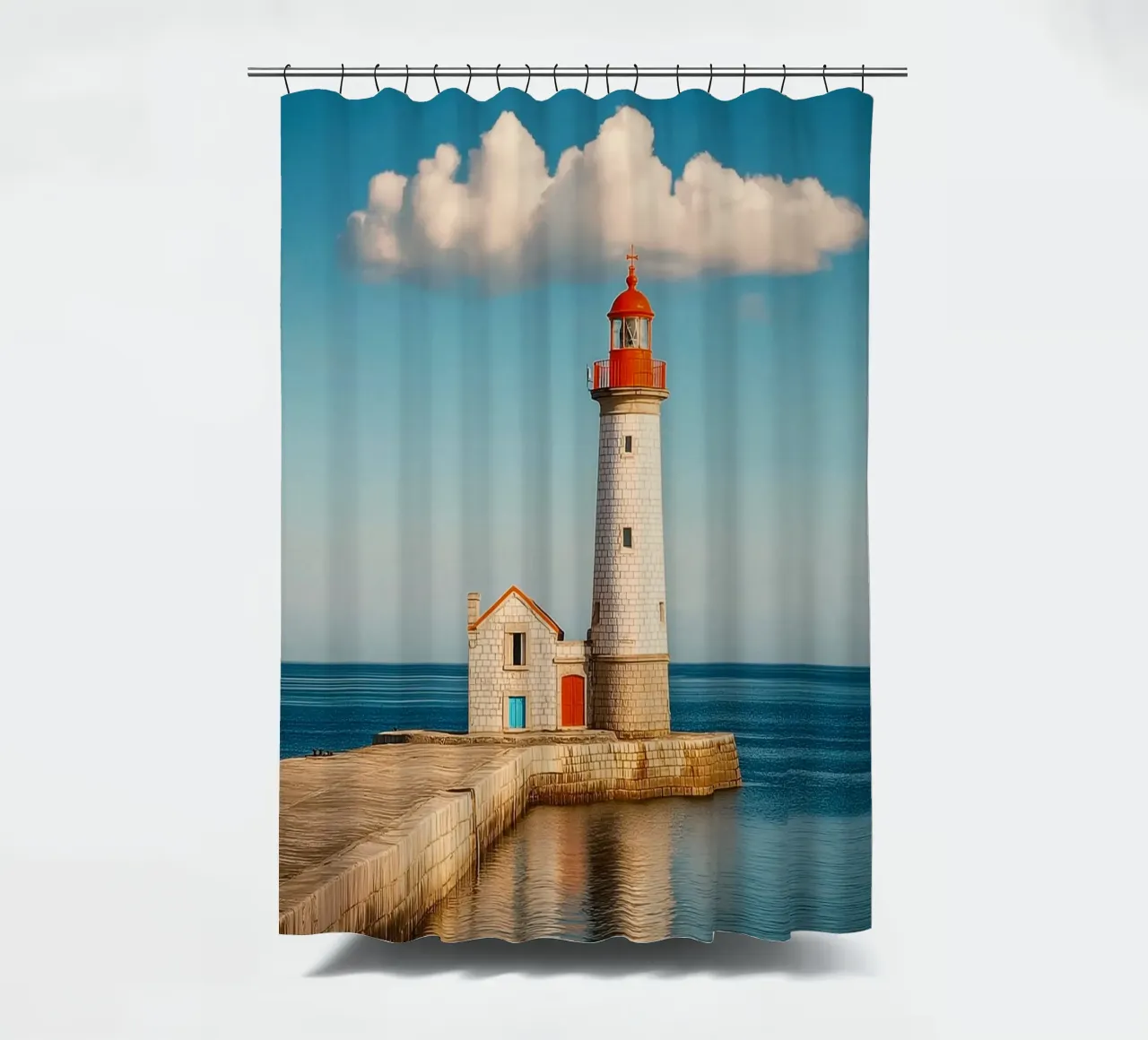 Faro sul mare tenda da doccia da Indigo Tides Art