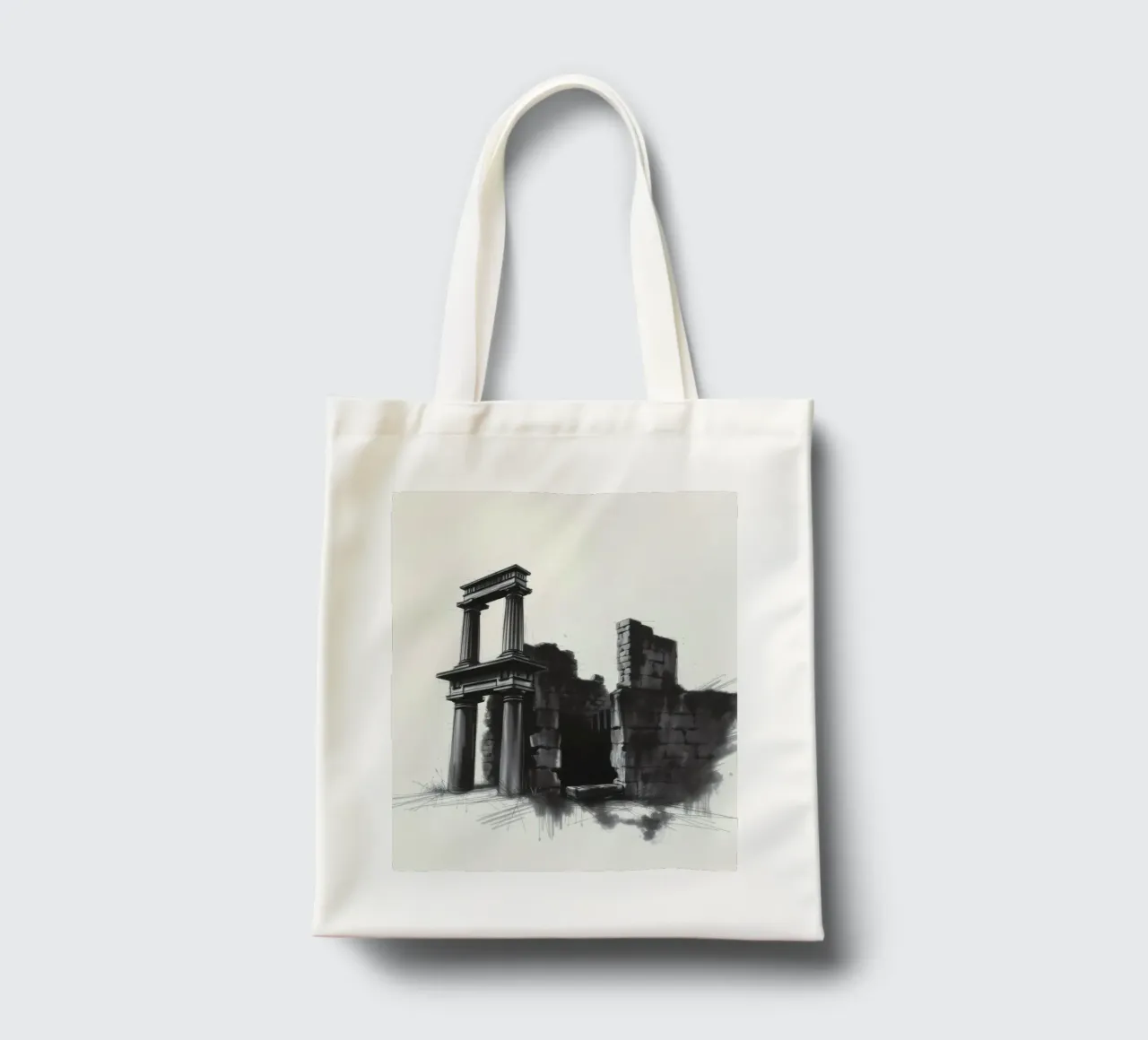 Ancient ruins with imposing columns and crumbling walls tote bag by DesignDoodle