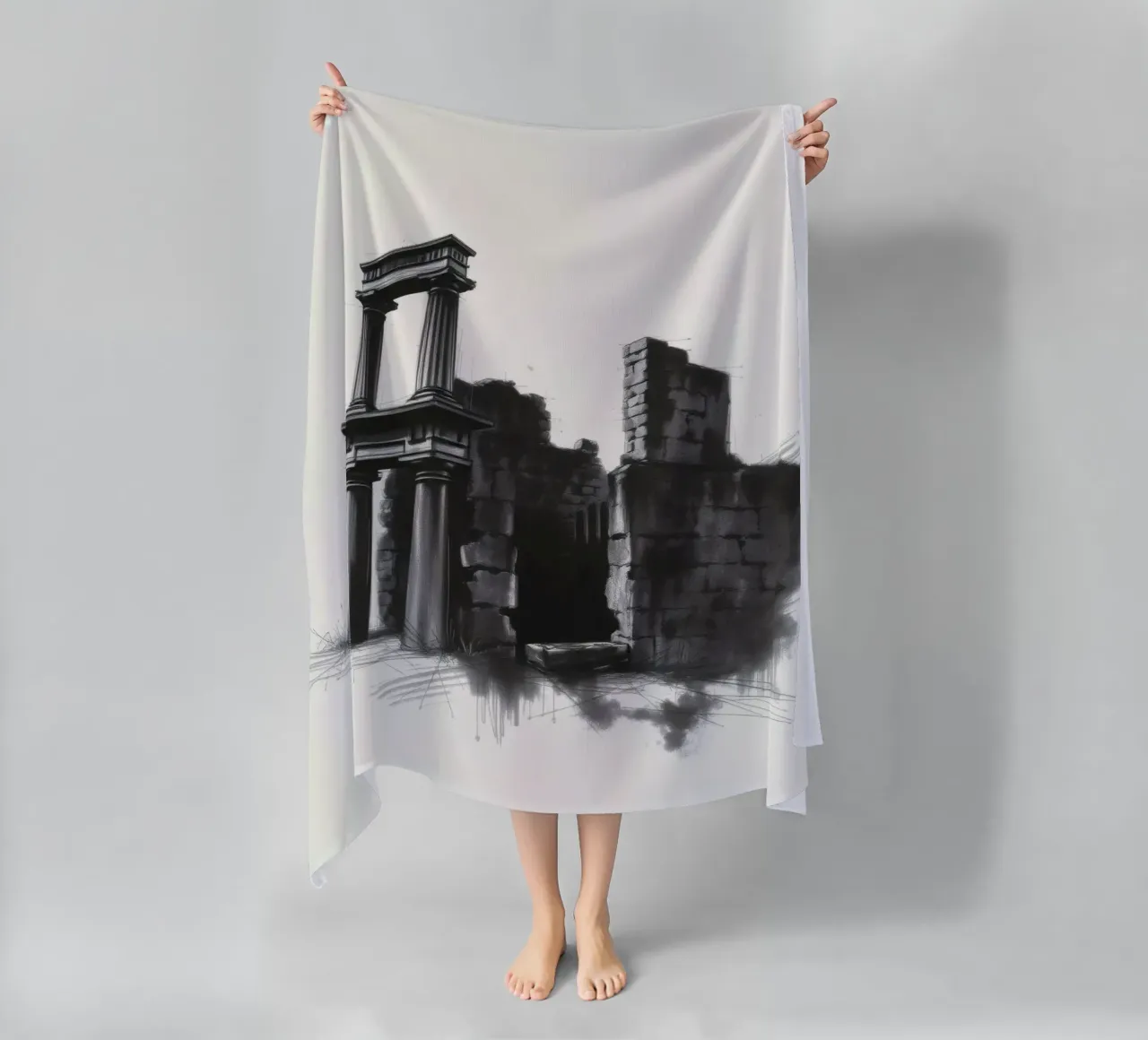 Ancient ruins with imposing columns and crumbling walls beach towel by DesignDoodle