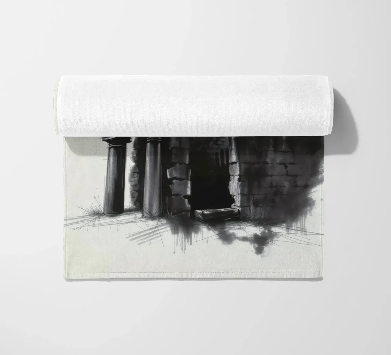 Ancient ruins with imposing columns and crumbling walls beach towel by DesignDoodle